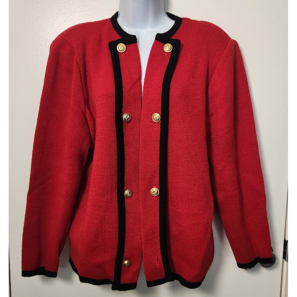 Vtg Brooks‎ Brothers Women's Lrg Cardigan Sweater Wool Gold Crest Buttons Red